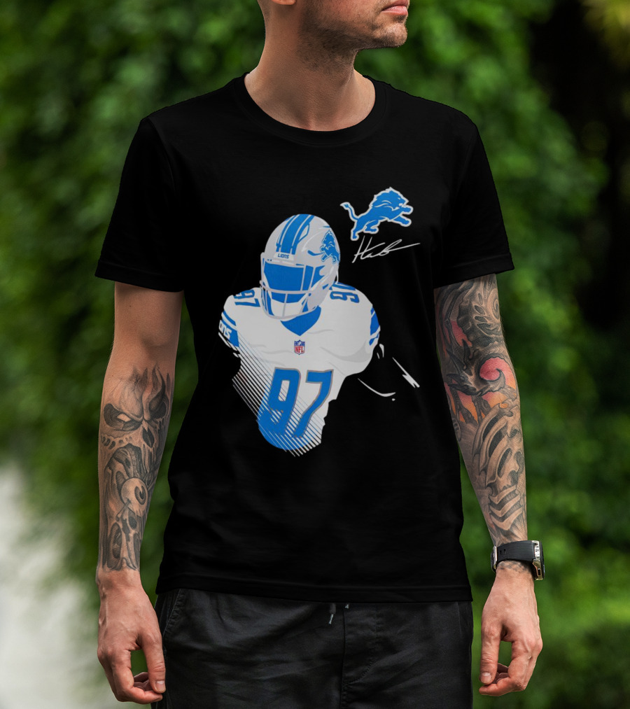 Aidan Hutchinson Detroit Lions Player Signature 97 NFL Logo Lions Helmet T-Shirt