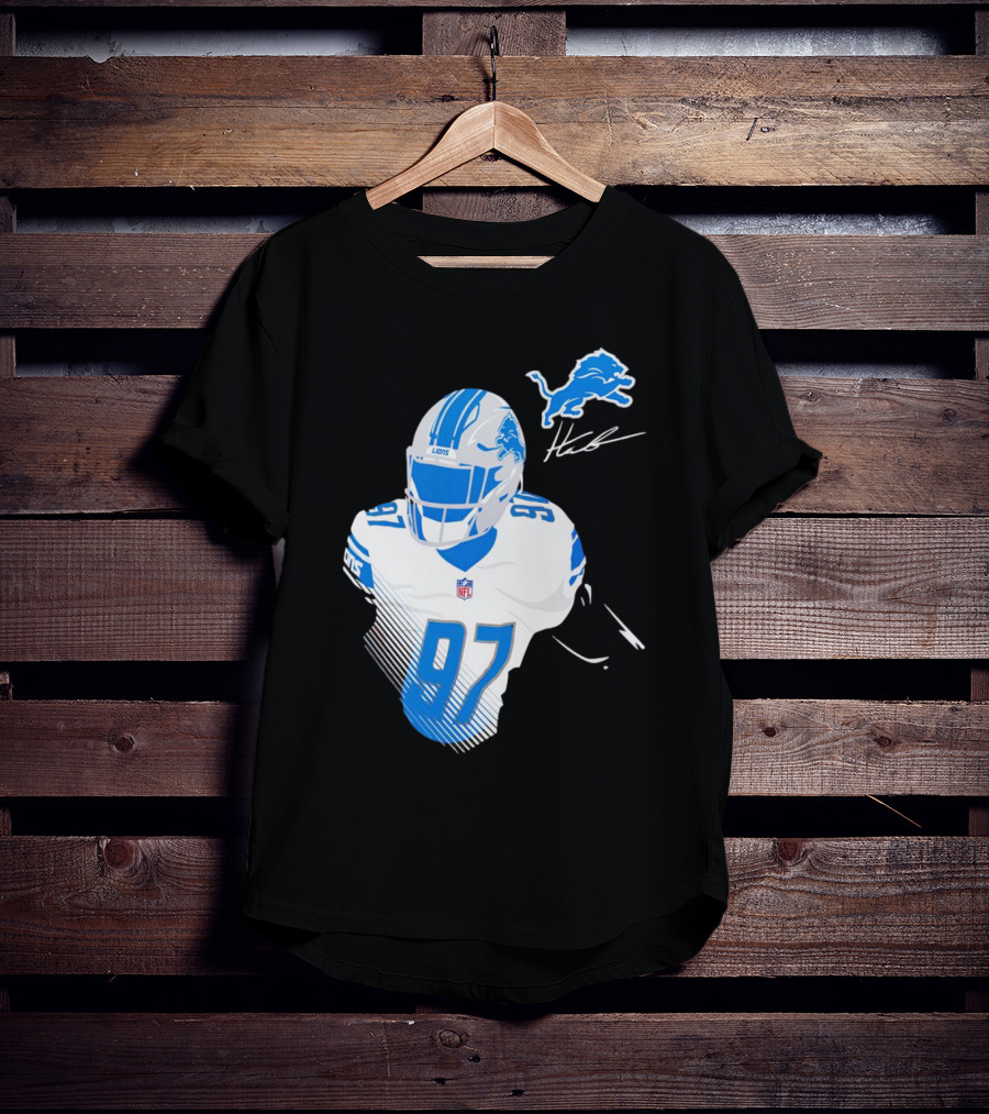 Aidan Hutchinson Detroit Lions Player Signature 97 NFL Logo Lions Helmet T-Shirt