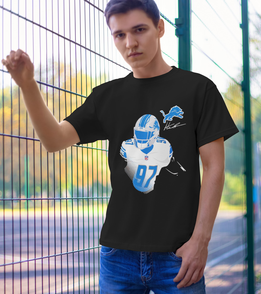 Aidan Hutchinson Detroit Lions Player Signature 97 NFL Logo Lions Helmet T-Shirt