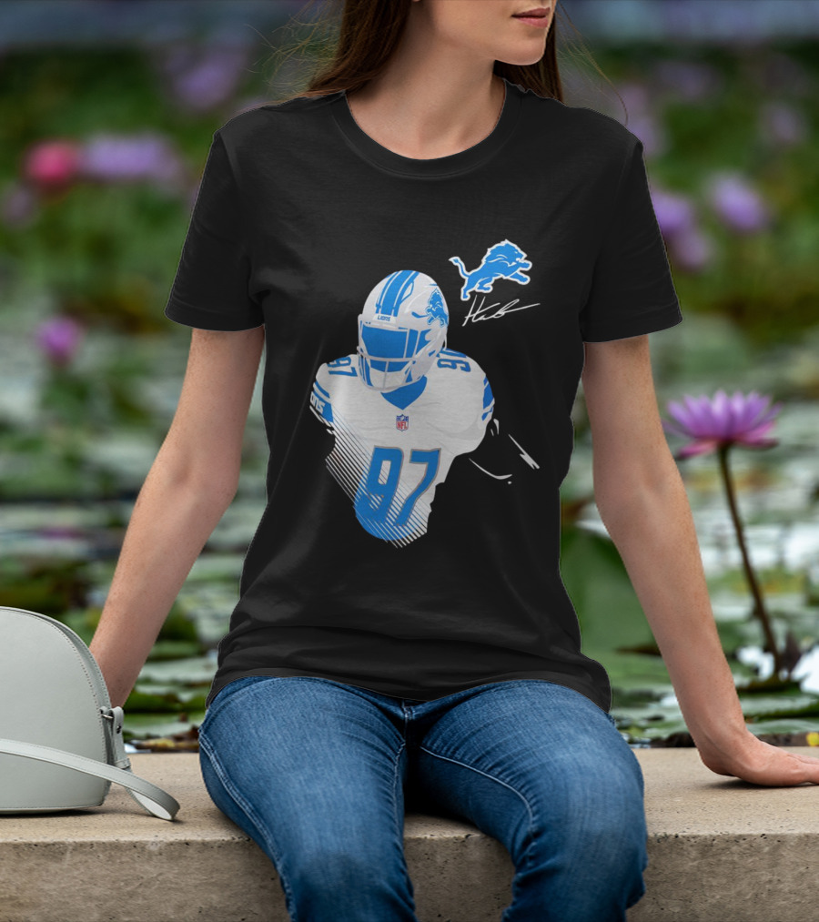 Aidan Hutchinson Detroit Lions Player Signature 97 NFL Logo Lions Helmet T-Shirt