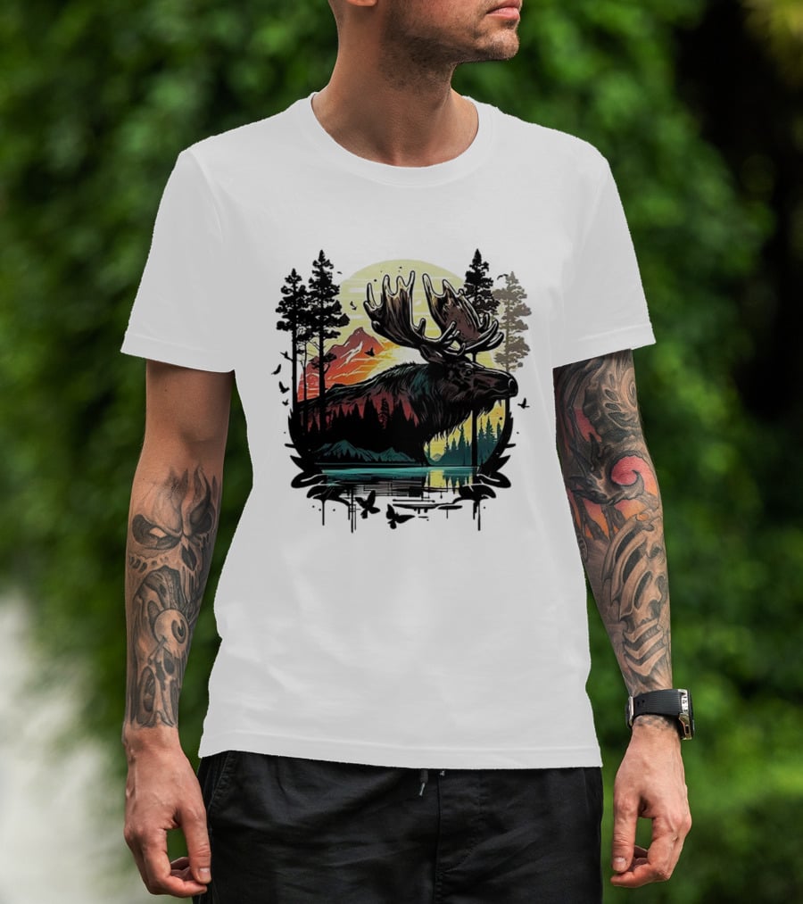 Moose In The Forest With Sunset And Mountain Landscape T-Shirt