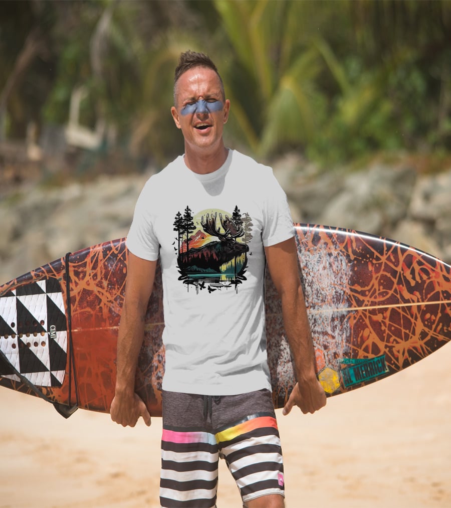 Moose In The Forest With Sunset And Mountain Landscape T-Shirt