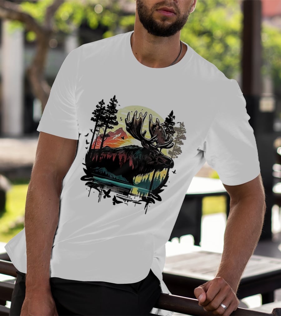 Moose In The Forest With Sunset And Mountain Landscape T-Shirt
