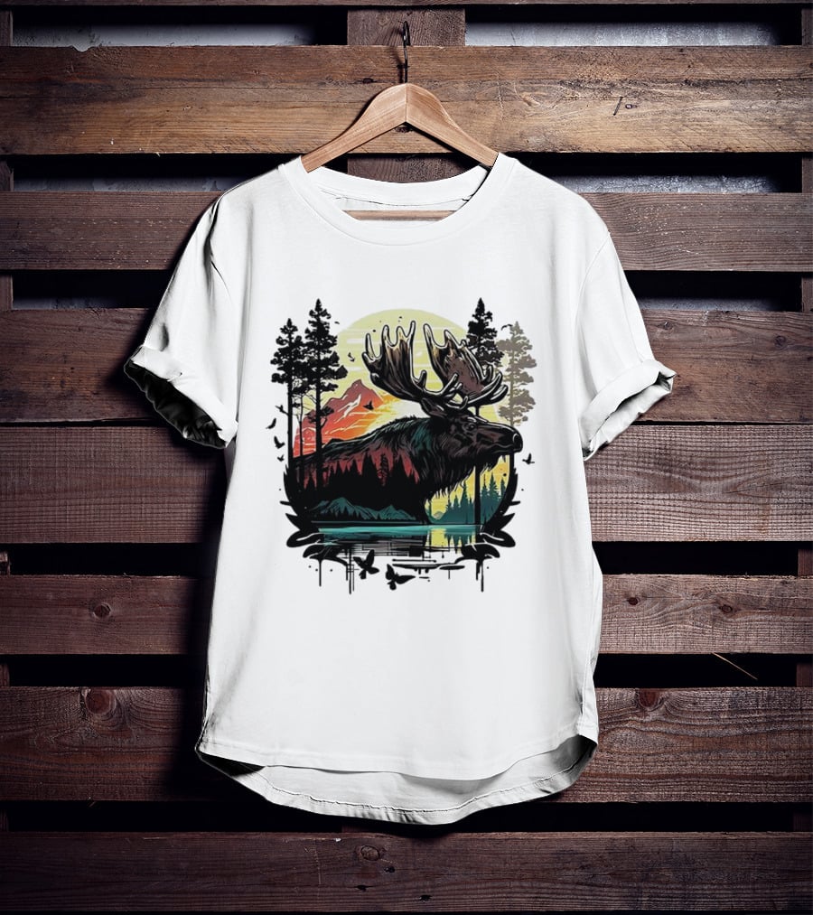 Moose In The Forest With Sunset And Mountain Landscape T-Shirt