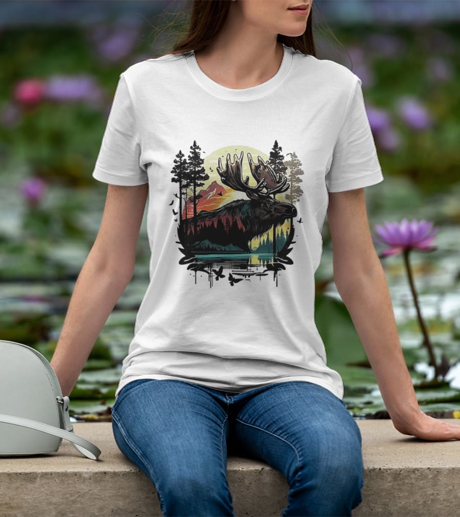 Moose In The Forest With Sunset And Mountain Landscape T-Shirt