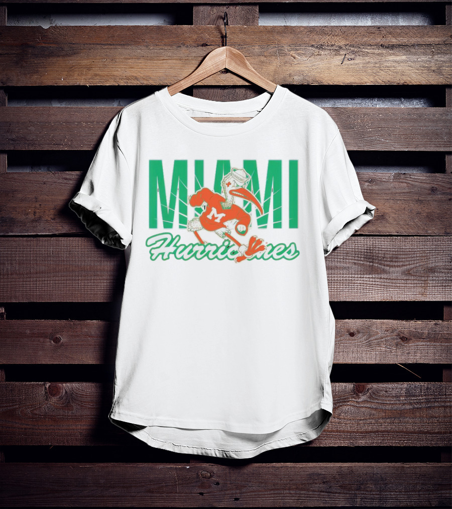 Miami Hurricanes Sebastian The Ibis Mascot With Bold Lettering T-Shirt