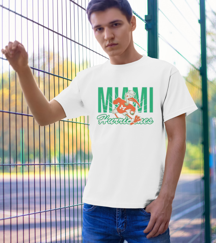 Miami Hurricanes Sebastian The Ibis Mascot With Bold Lettering T-Shirt