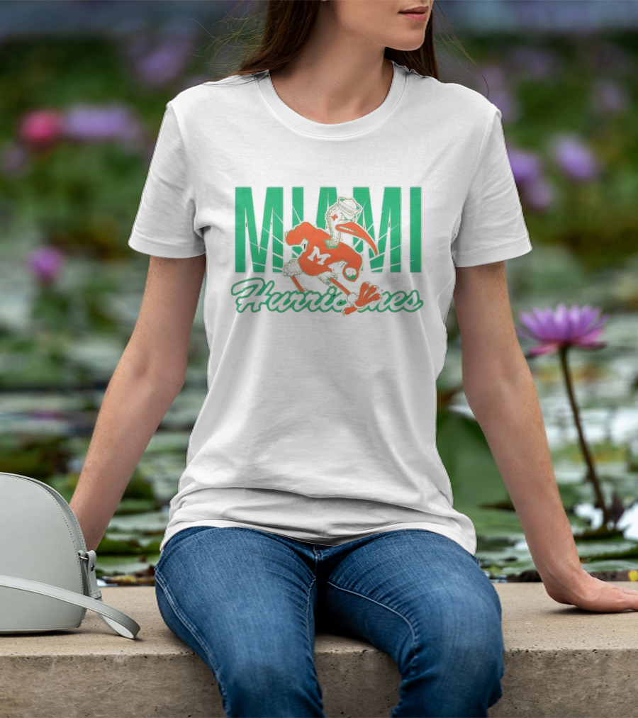 Miami Hurricanes Sebastian The Ibis Mascot With Bold Lettering T-Shirt