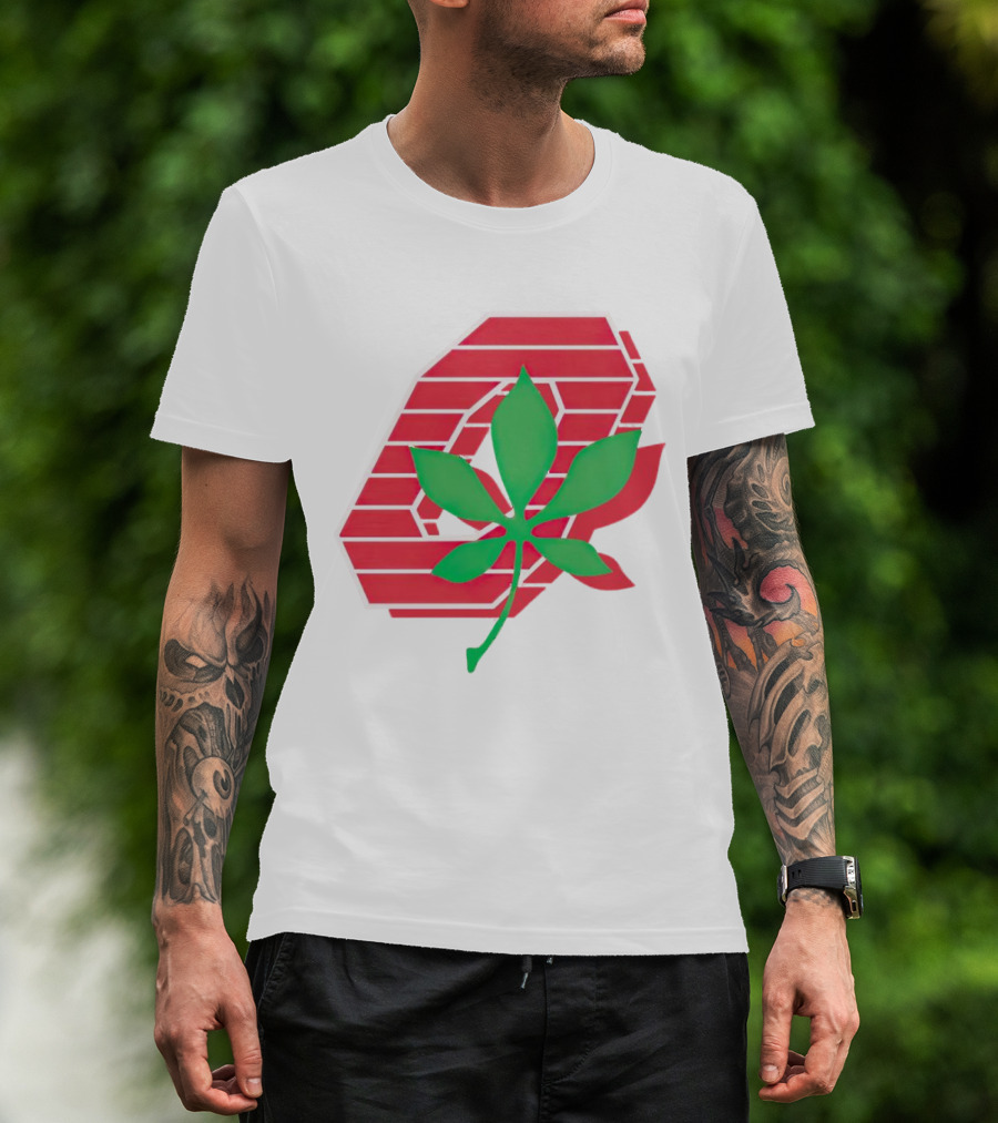 Ohio State Buckeyes Scarlet And Gray O With Green Leaf Emblem T-Shirt