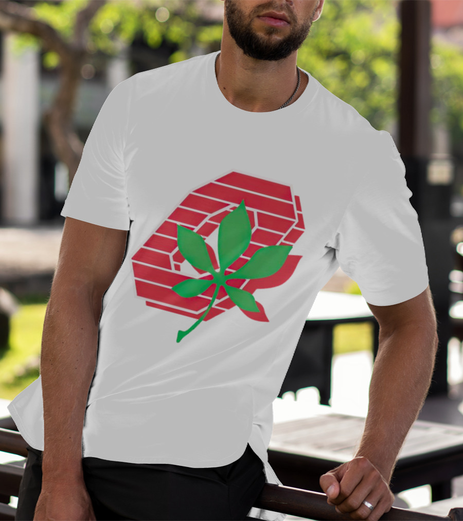 Ohio State Buckeyes Scarlet And Gray O With Green Leaf Emblem T-Shirt