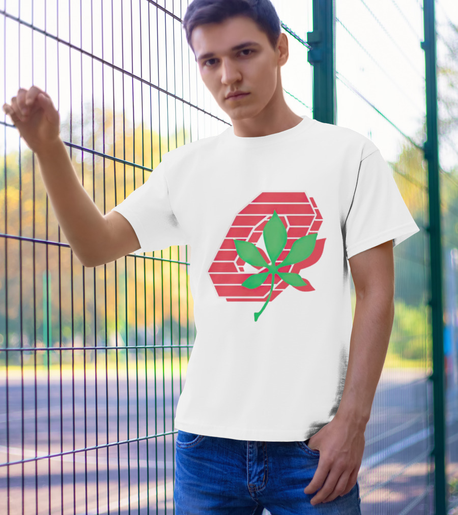 Ohio State Buckeyes Scarlet And Gray O With Green Leaf Emblem T-Shirt