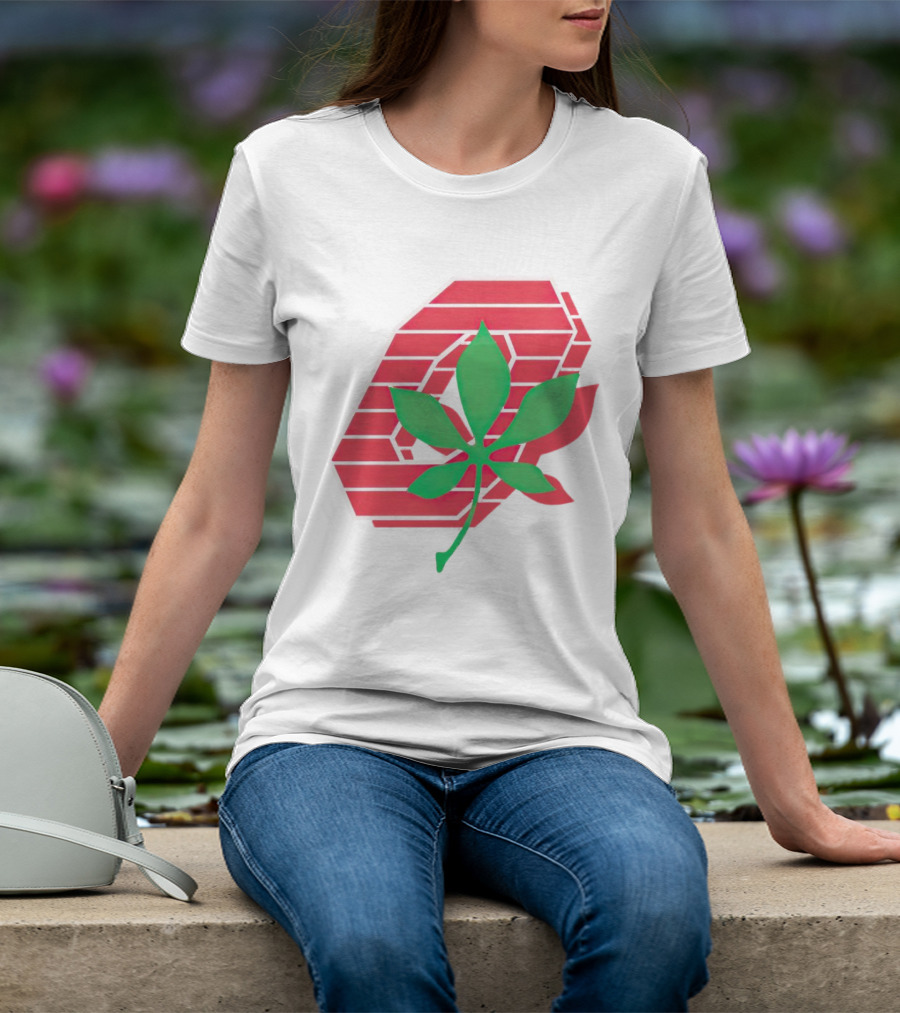 Ohio State Buckeyes Scarlet And Gray O With Green Leaf Emblem T-Shirt