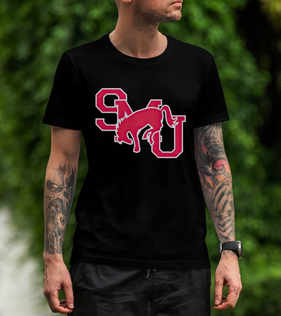 SMU Mustangs Red Logo With Jumping Mustang T-Shirt