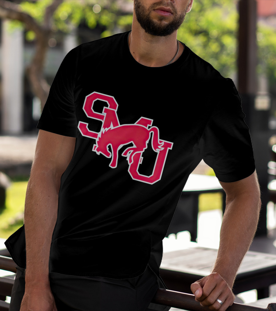 SMU Mustangs Red Logo With Jumping Mustang T-Shirt