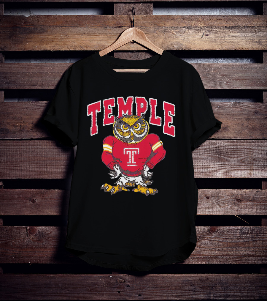 Temple Owls Football Mascot In Red Jersey With Bold Temple Text T-Shirt