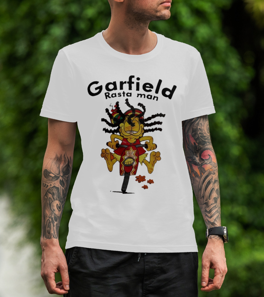 Garfield Rasta Man Dreadlocks Bicycle Whimsical Fun T-Shirt