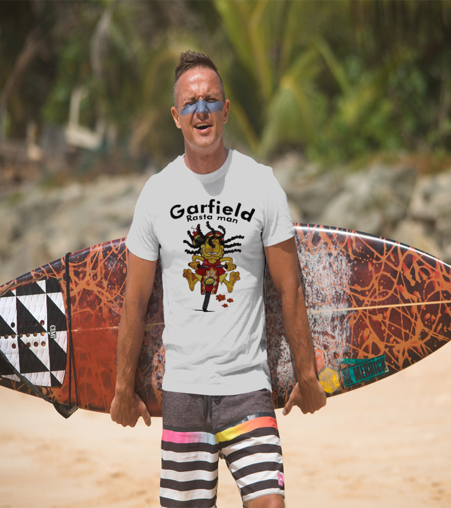 Garfield Rasta Man Dreadlocks Bicycle Whimsical Fun T-Shirt