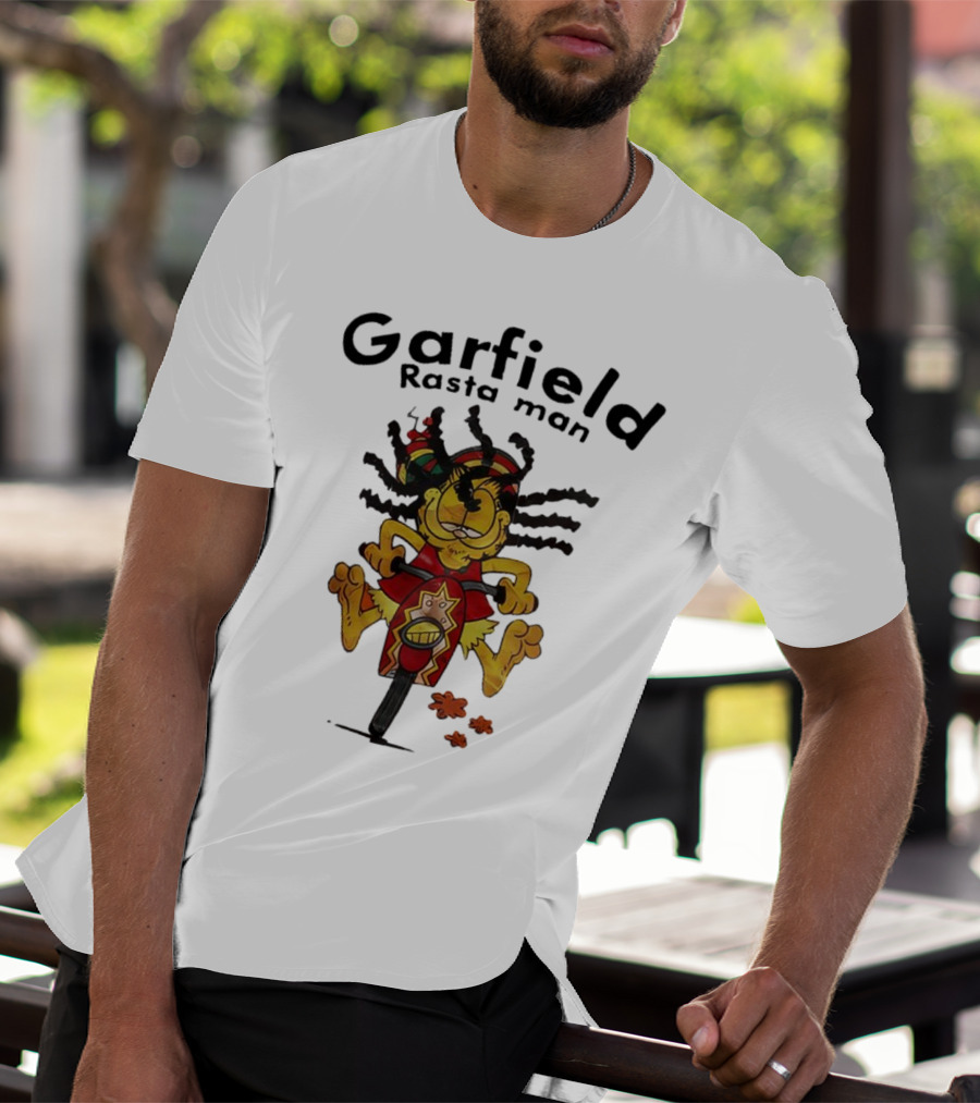 Garfield Rasta Man Dreadlocks Bicycle Whimsical Fun T-Shirt
