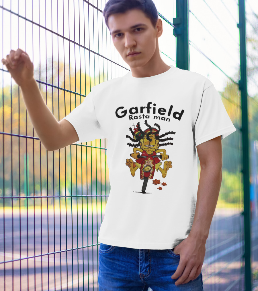 Garfield Rasta Man Dreadlocks Bicycle Whimsical Fun T-Shirt