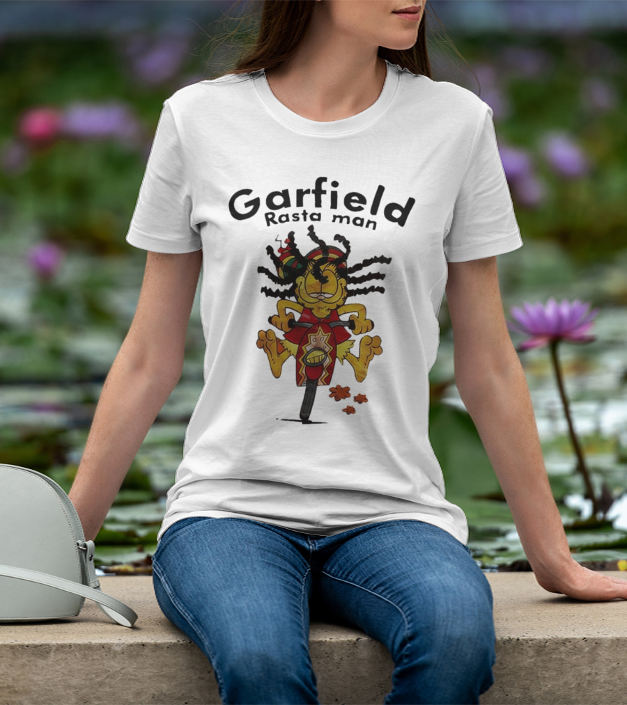 Garfield Rasta Man Dreadlocks Bicycle Whimsical Fun T-Shirt
