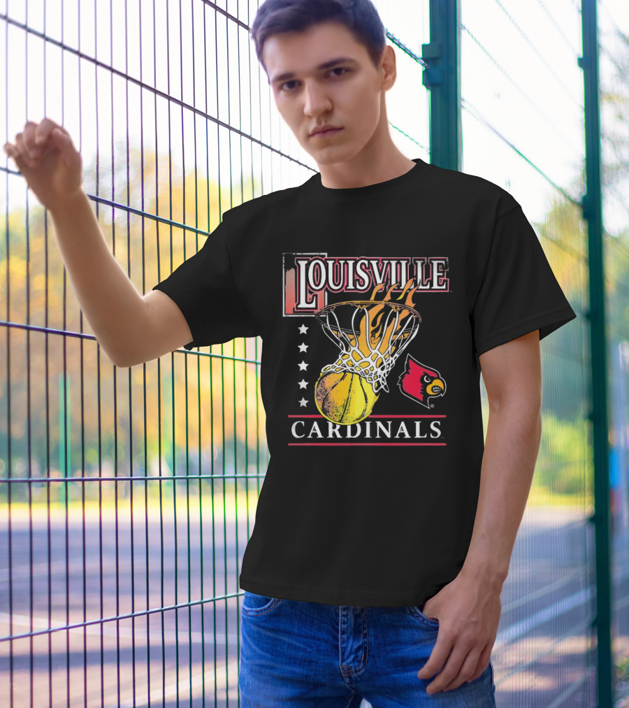 Louisville Cardinals Flaming Basketball Hoop T-Shirt