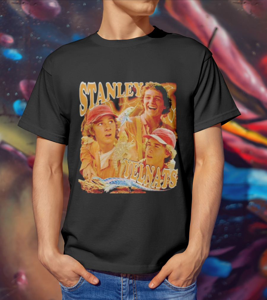 Stanley Yelnats Character Collage With Orange Background And Lizard T-Shirt