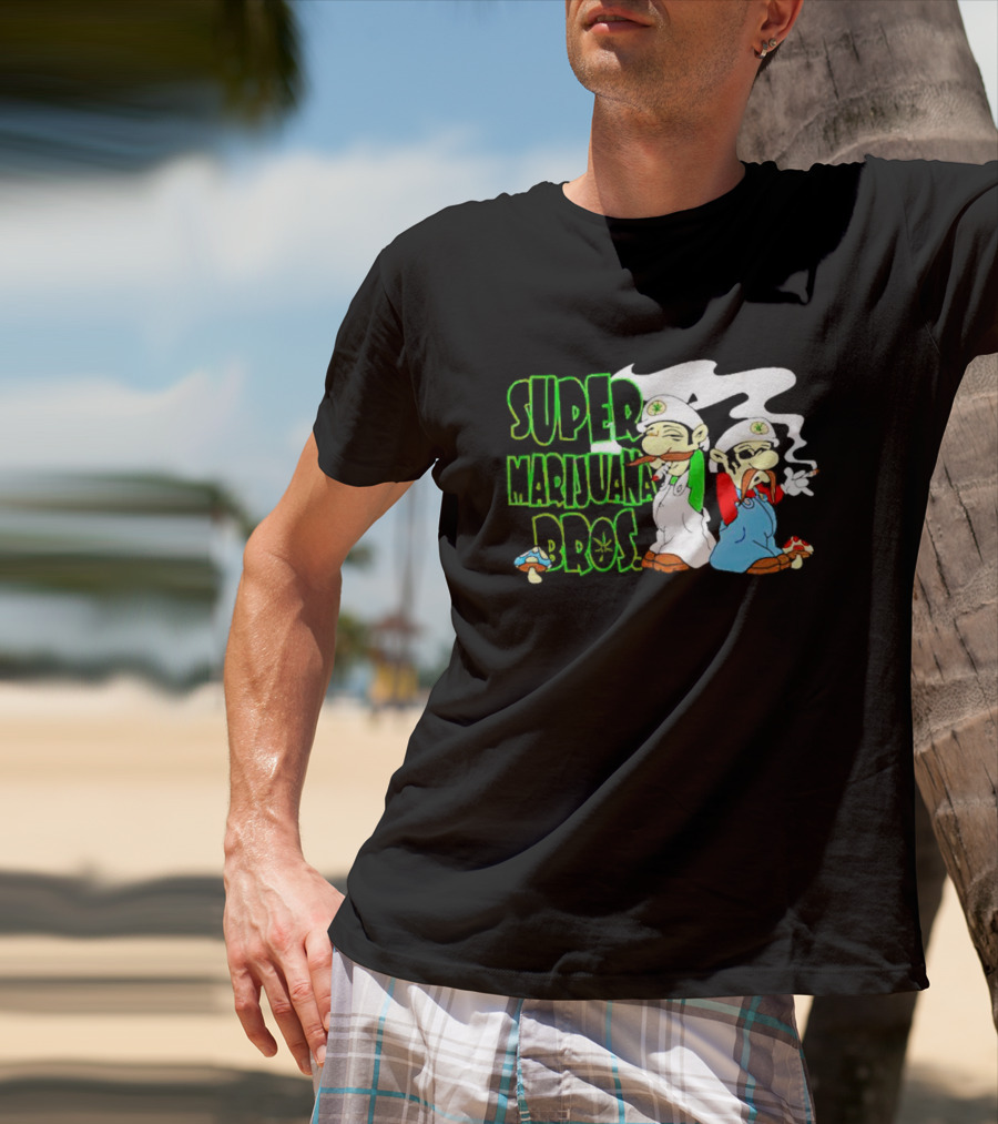Super Marijuana Bros Weed Parody With Smoking Characters And Mushrooms T-Shirt