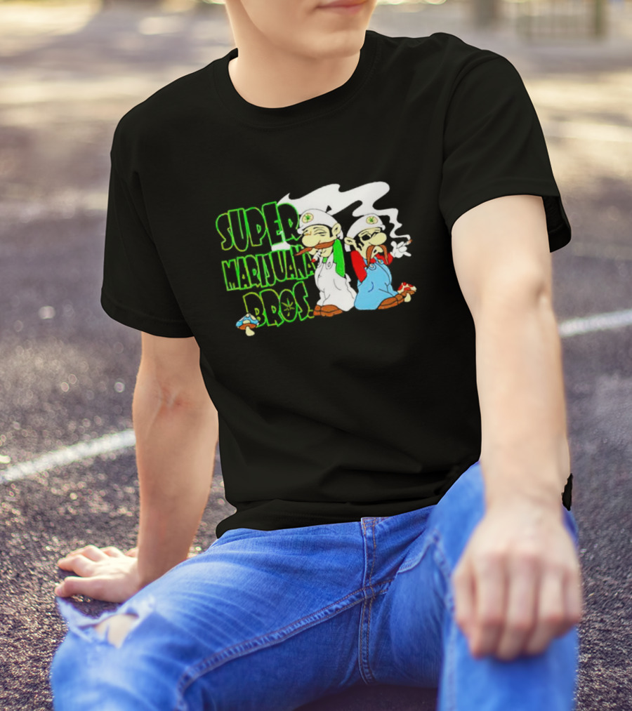 Super Marijuana Bros Weed Parody With Smoking Characters And Mushrooms T-Shirt