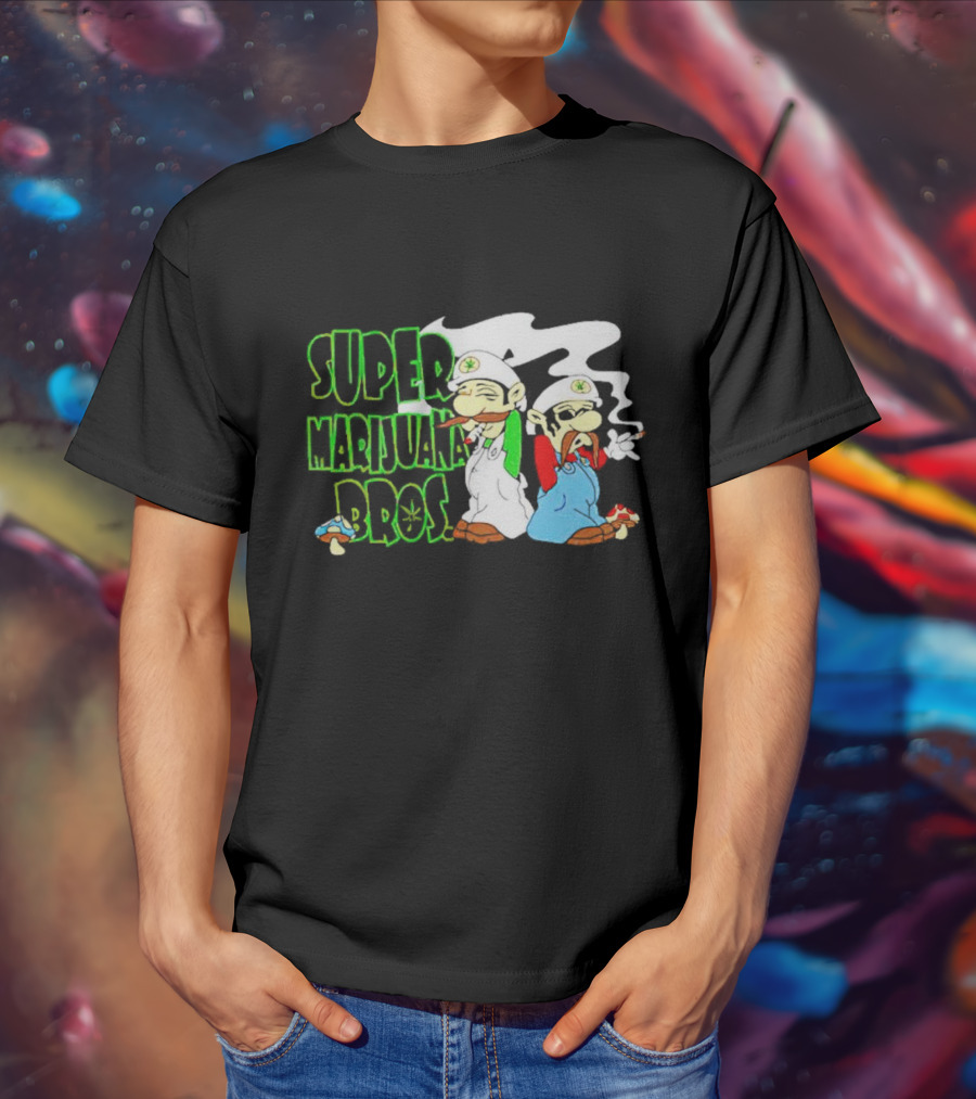 Super Marijuana Bros Weed Parody With Smoking Characters And Mushrooms T-Shirt