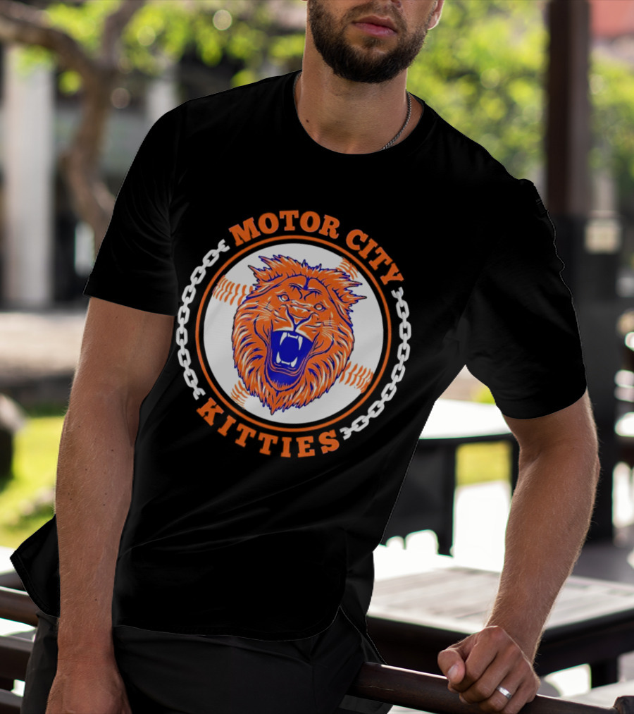 Motor City Kitties Baseball MLB Detroit Tigers Lion Chain Emblem T-Shirt