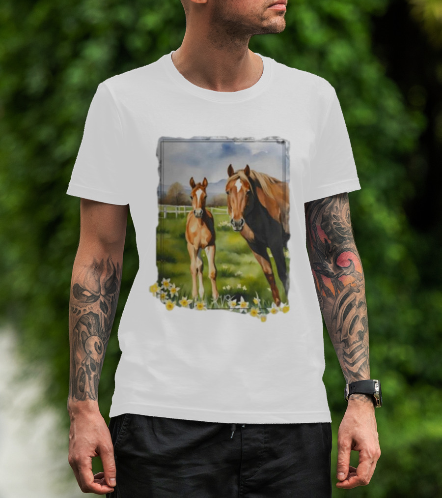Ginger And Freddie Horses In Scenic Pasture With Daffodils T-Shirt