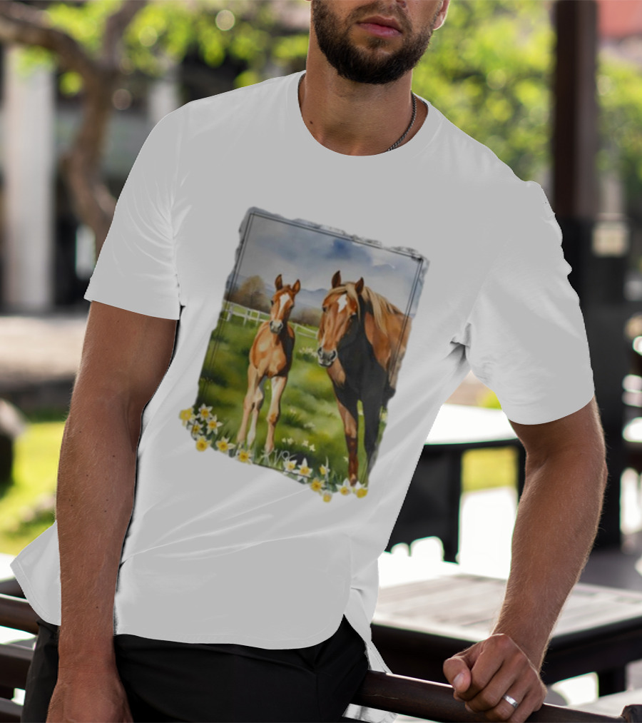 Ginger And Freddie Horses In Scenic Pasture With Daffodils T-Shirt