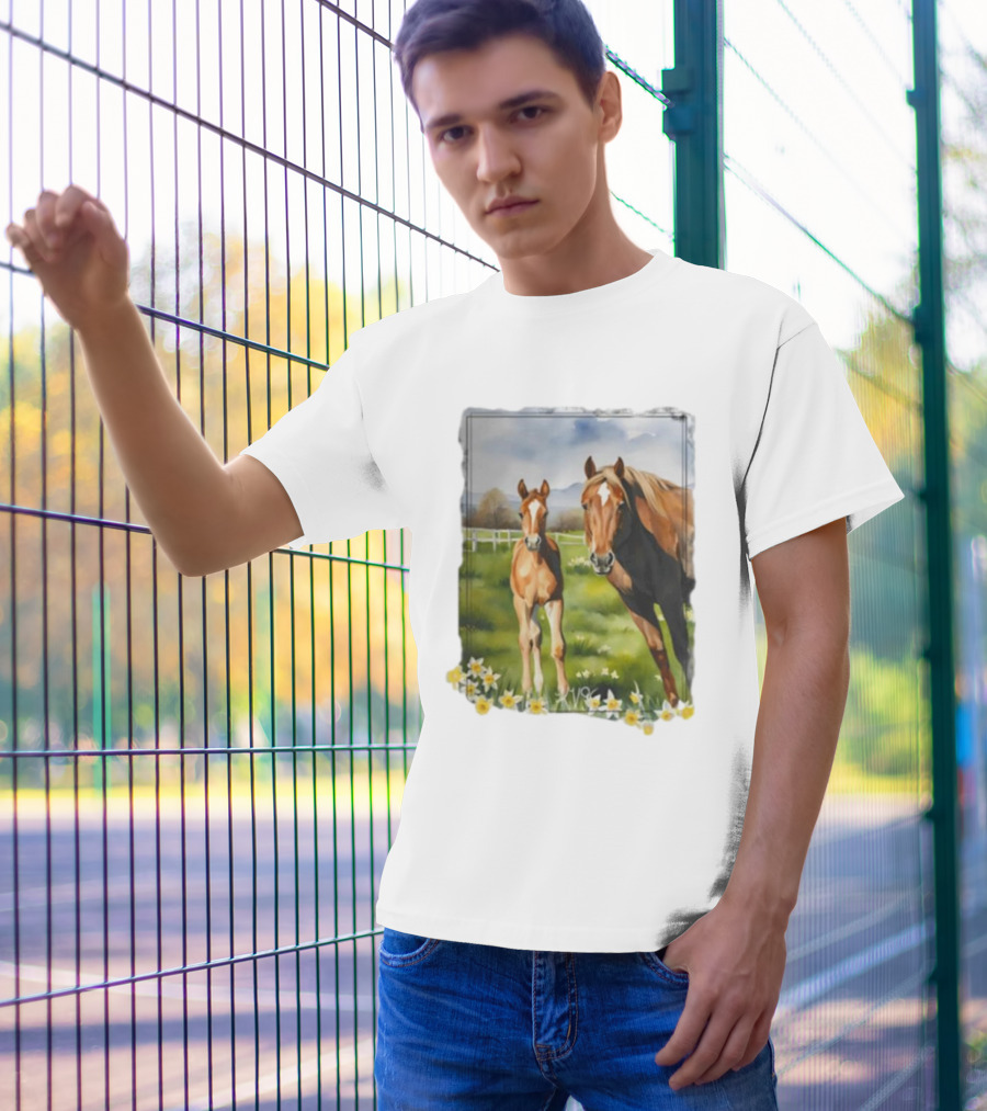 Ginger And Freddie Horses In Scenic Pasture With Daffodils T-Shirt