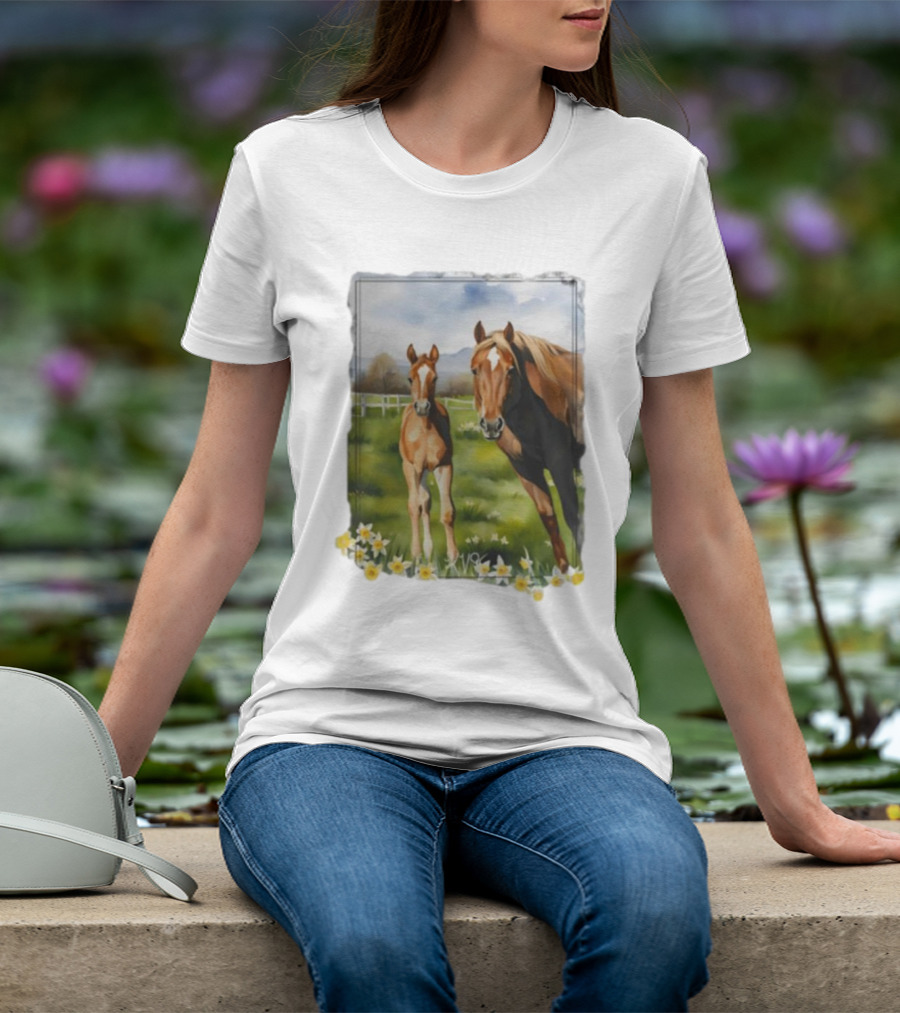 Ginger And Freddie Horses In Scenic Pasture With Daffodils T-Shirt