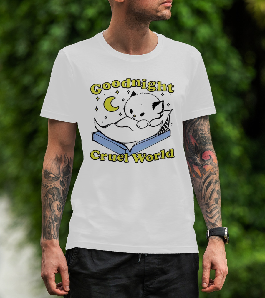 Goodnight Cruel World Cat On Open Book With Moon And Stars T-Shirt