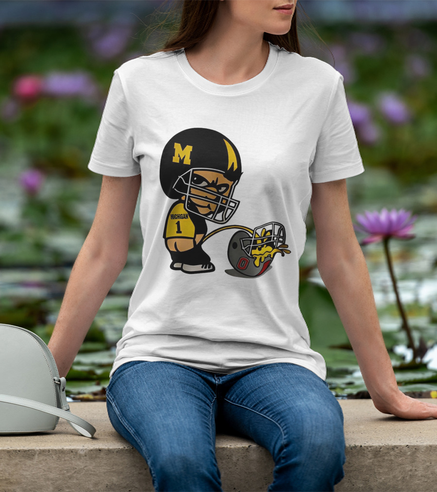 Michigan Wolverines M Football Player Pissing On Ohio State Helmet With O T-Shirt