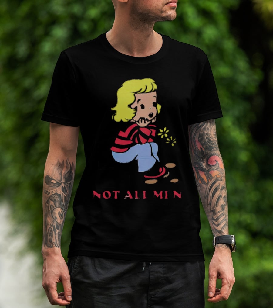 Not All Men But Somehow Always A Man Cartoon Character Sitting On Steps With Flowers T-Shirt