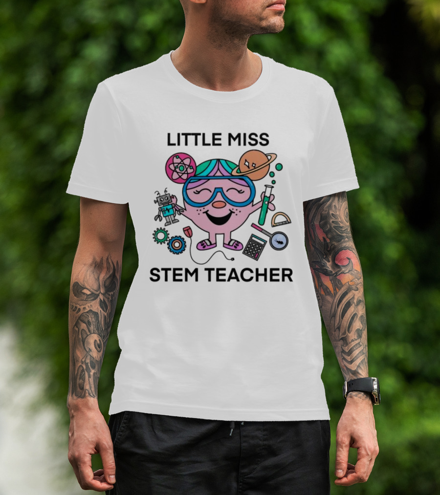 Little Miss STEM Teacher Science Icons Robot Atom Calculator Planets Gears T-Shirt