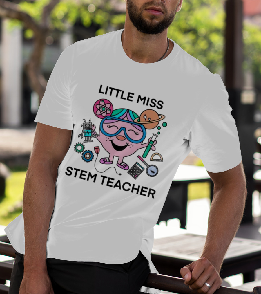 Little Miss STEM Teacher Science Icons Robot Atom Calculator Planets Gears T-Shirt