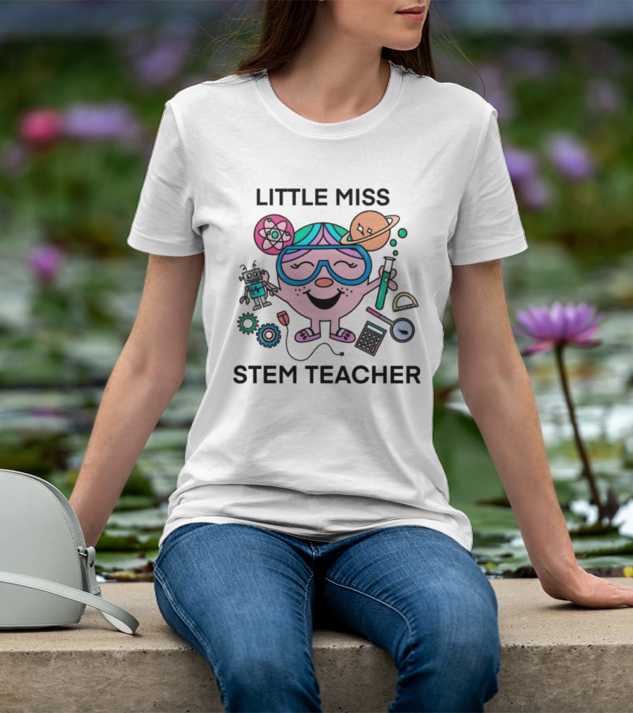 Little Miss STEM Teacher Science Icons Robot Atom Calculator Planets Gears T-Shirt