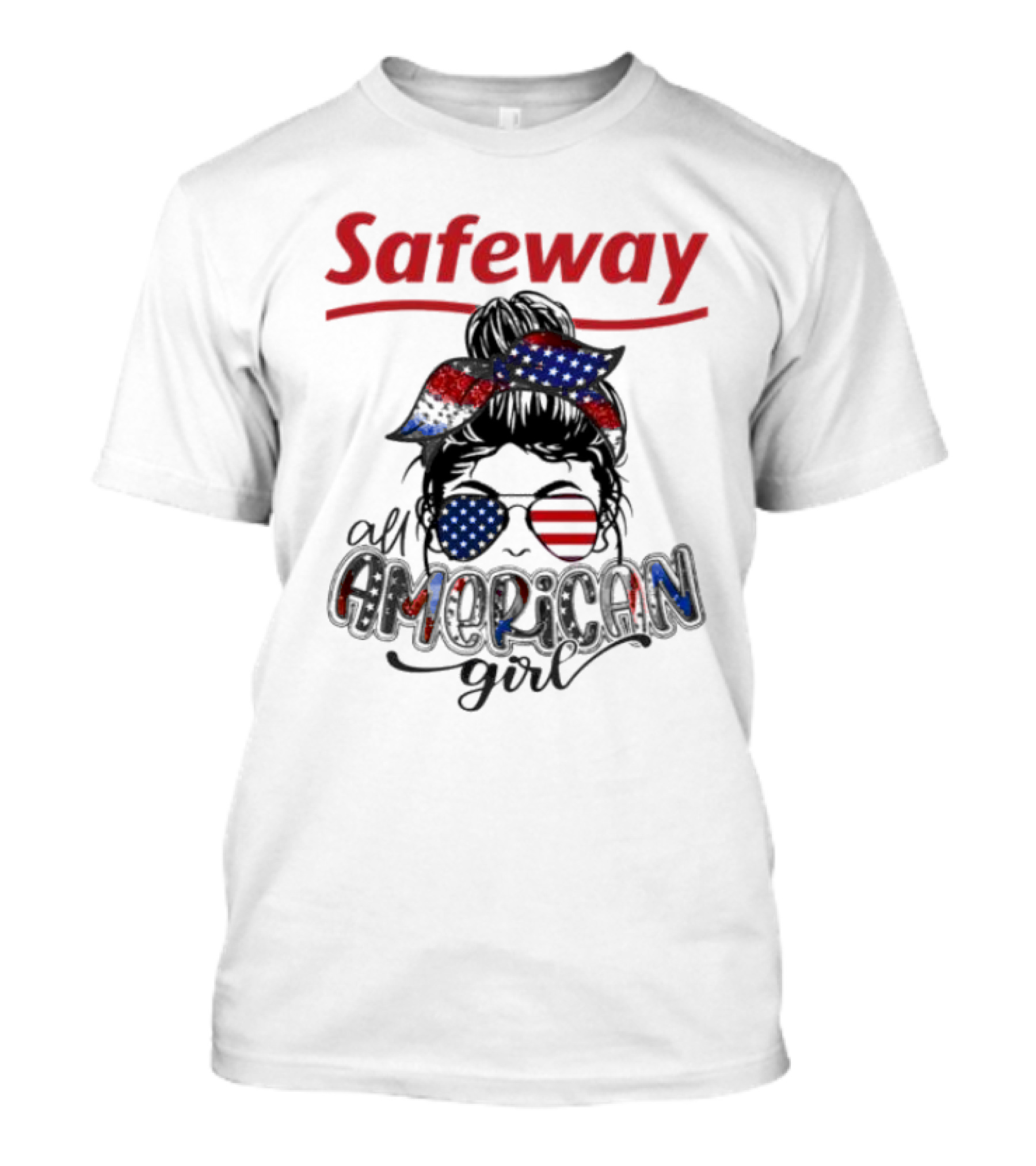 Safeway All American Girl Messy Bun Red White Blue Glasses Bandana T-Shirt