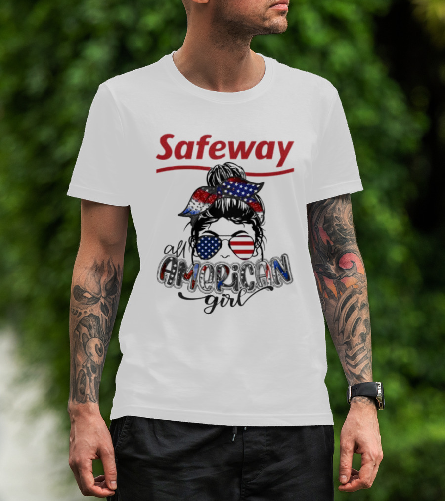 Safeway All American Girl Messy Bun Red White Blue Glasses Bandana T-Shirt