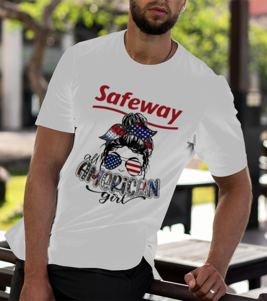 Safeway All American Girl Messy Bun Red White Blue Glasses Bandana T-Shirt