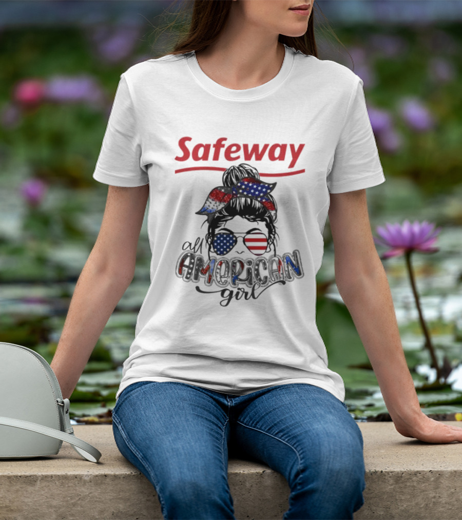 Safeway All American Girl Messy Bun Red White Blue Glasses Bandana T-Shirt