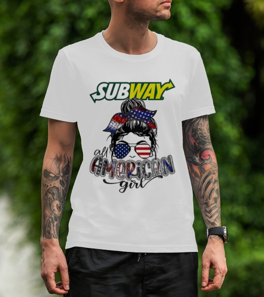 Subway All American Girl Messy Bun Patriotic Bandana And Sunglasses T-Shirt
