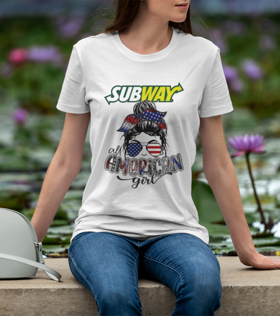 Subway All American Girl Messy Bun Patriotic Bandana And Sunglasses T-Shirt