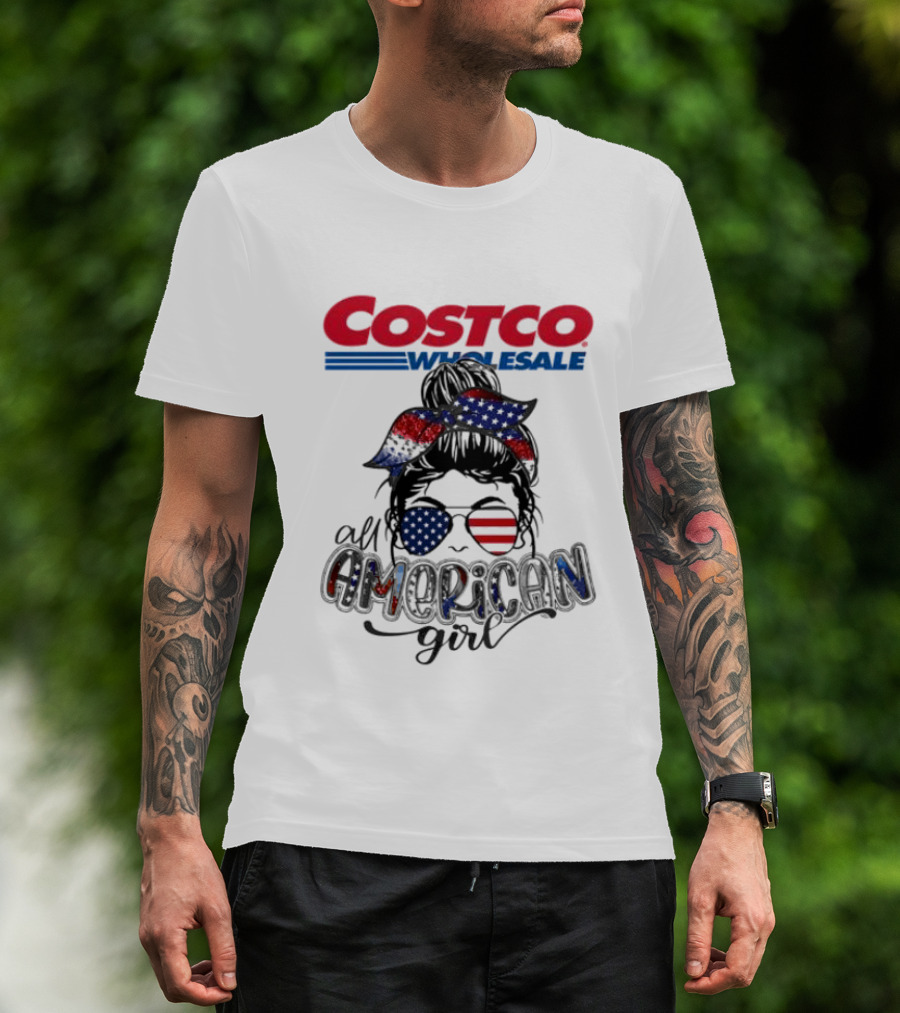 Costco Wholesale All American Girl Messy Bun Sunglasses Bandana USA Flag T-Shirt