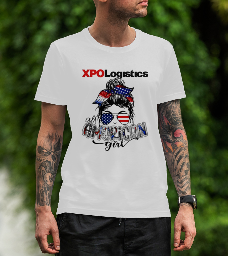 XPO Logistics All American Girl Messy Bun Red White Blue Glasses Stars Stripes T-Shirt