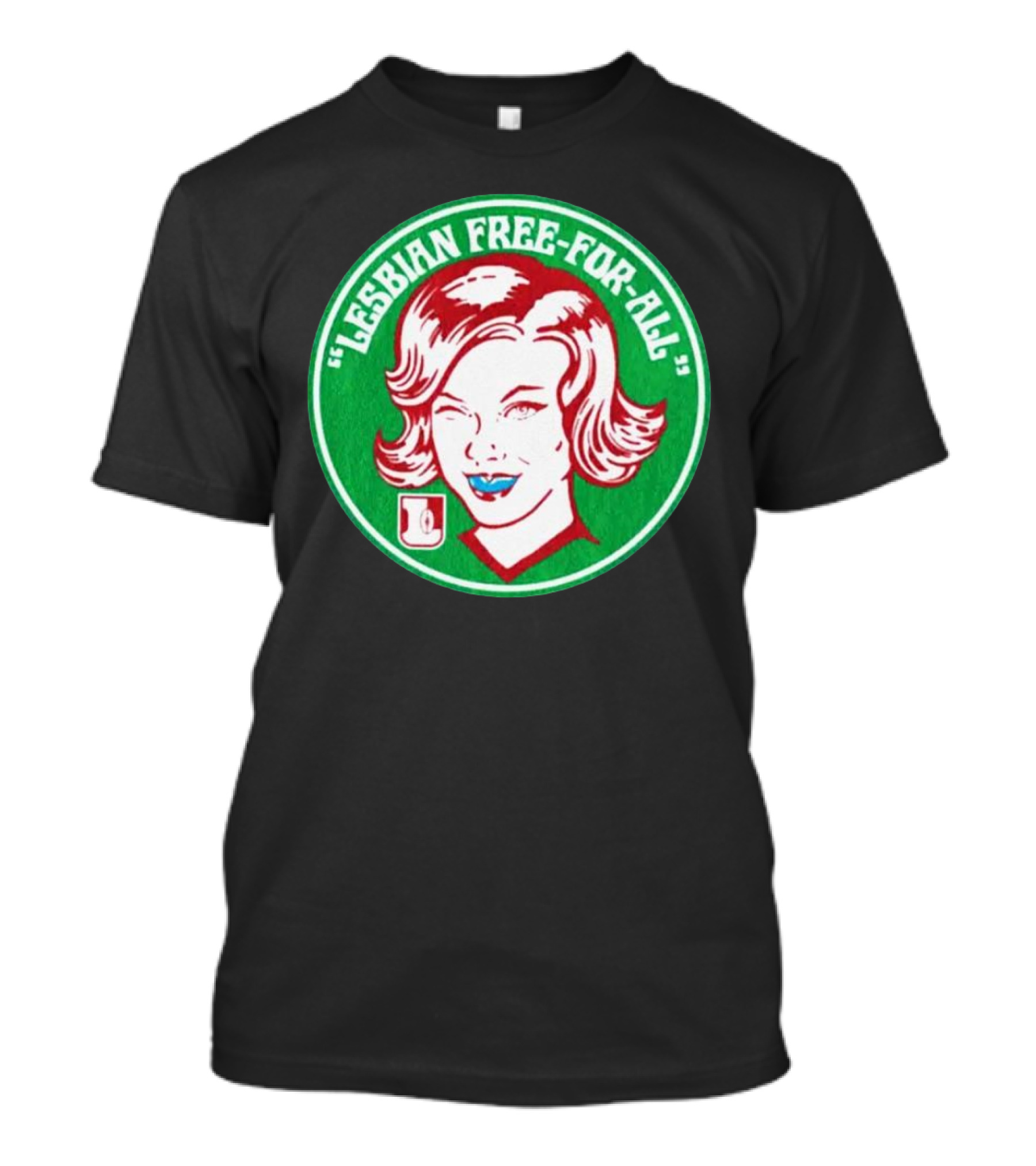 LESBIAN FREE-FOR-ALL Retro Style Winking Woman In Green Circle T-Shirt