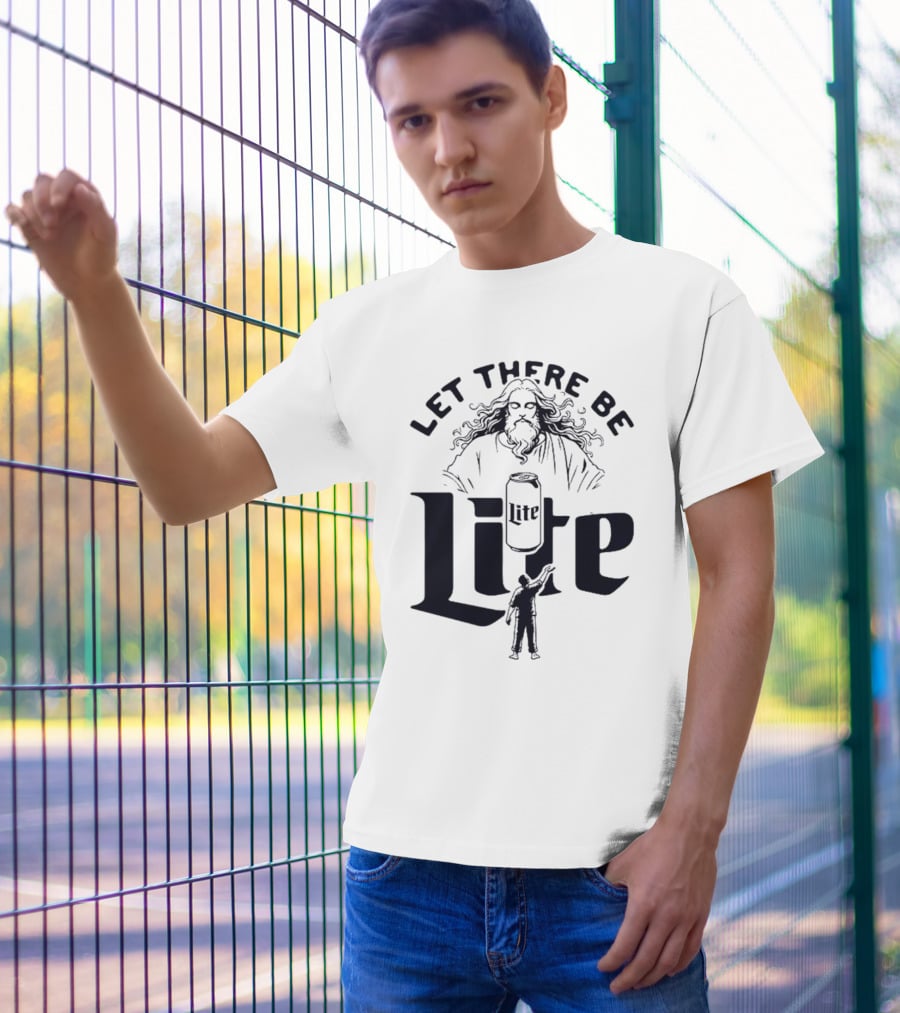Let There Be Lite Jesus Design Featuring Beer Can And Figure T-Shirt